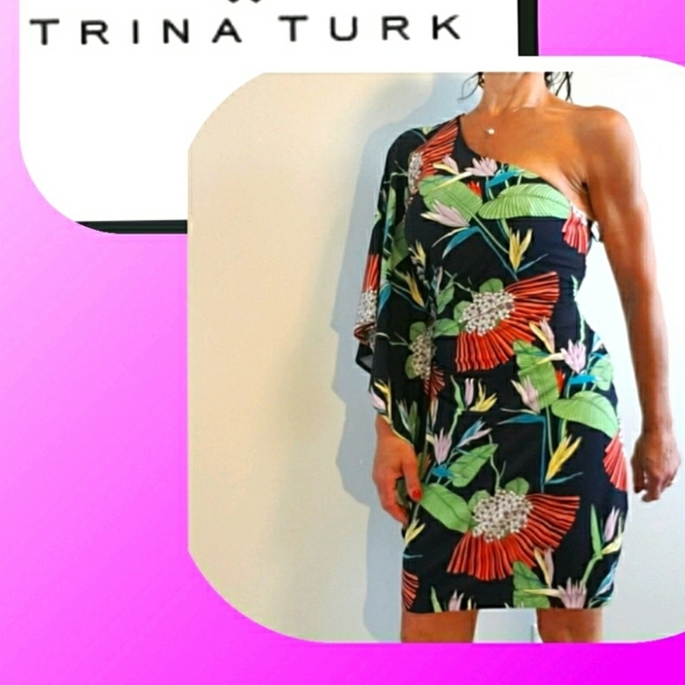 NWT🌺TRINA TURK BLACK 1-SHOULDER FLORAL DRE